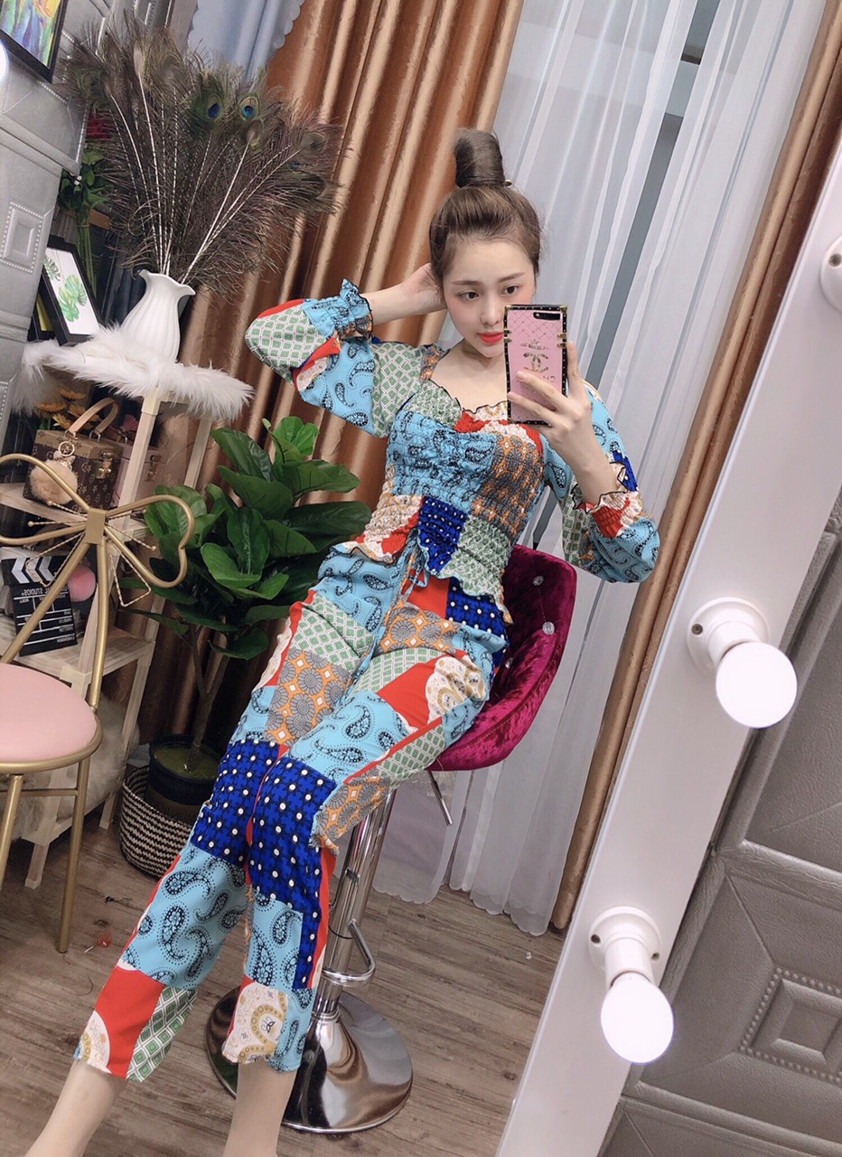 Set bộ nữ thổ cẩm áo rút ngực tay dài kèm quần suông