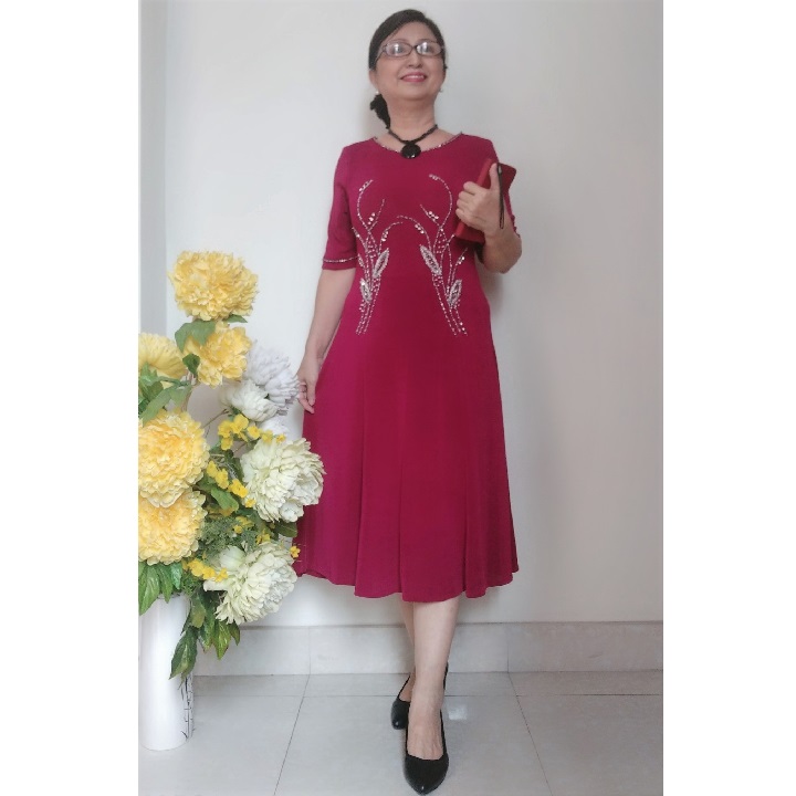 [HCM]Đầm Trung Niên Dáng Xòe 6 Mảnh Kết Đá Sang Trọng Tay Lửng - Chất Thun Nhũ Co Giãn (có size lớn)