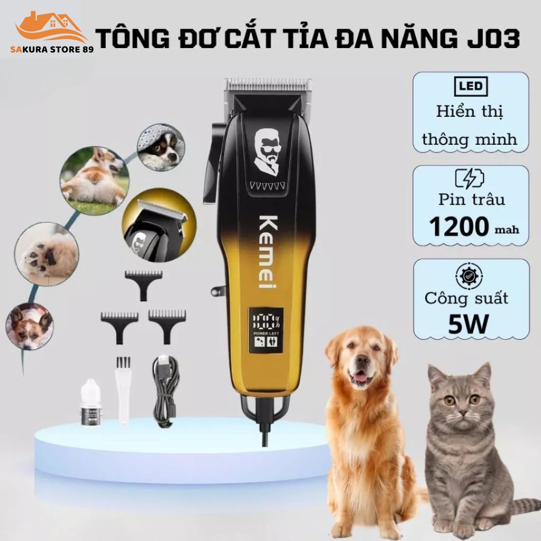 Tông Đơ Tỉa Lông Cho Chó Mèo J03, Lưỡi Titan Cắt Lông Sắc Bén, Pin Trâu 1200mAh, Chạy Êm