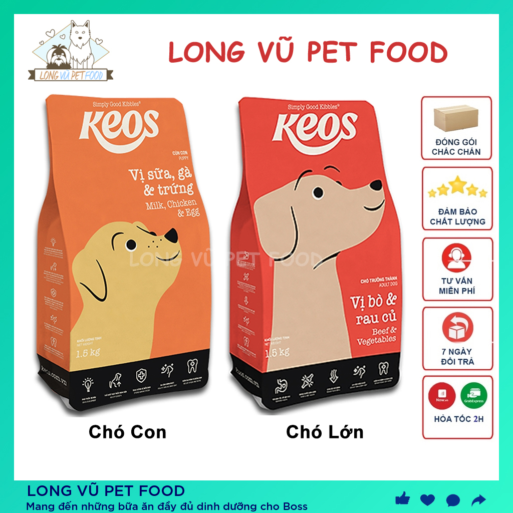 Thức ăn cho chó con, chó lớn KEOS 1.5kg, thức ăn hạt cho chó mọi lứa tuổi - Long Vũ Pet Food