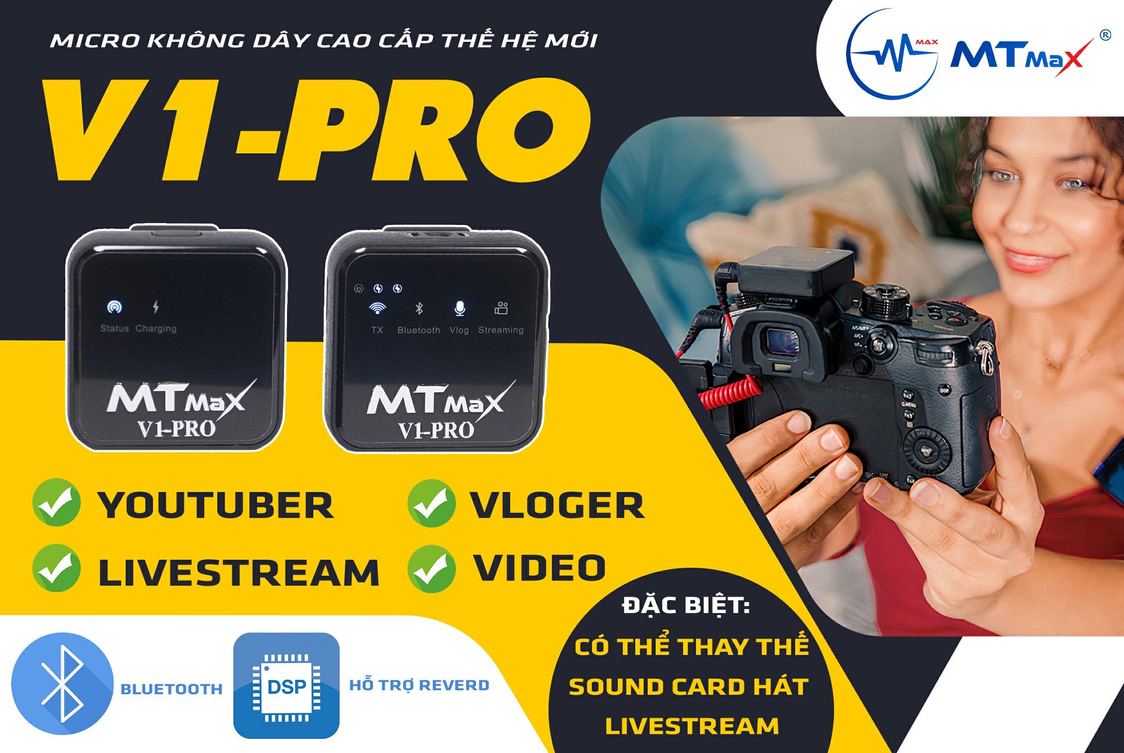 Micro cài áo Wireless MTMax V1-Pro - Mic thu âm không dây kết hợp sound card - Lấy nhạc qua bluetooth 5.0 - Tích hợp reverb hát livestream cực hay - trang bị cổng cắm tai nghe kiểm âm - Micro dành cho điện thoại, máy ảnh, máy quay, DSLR