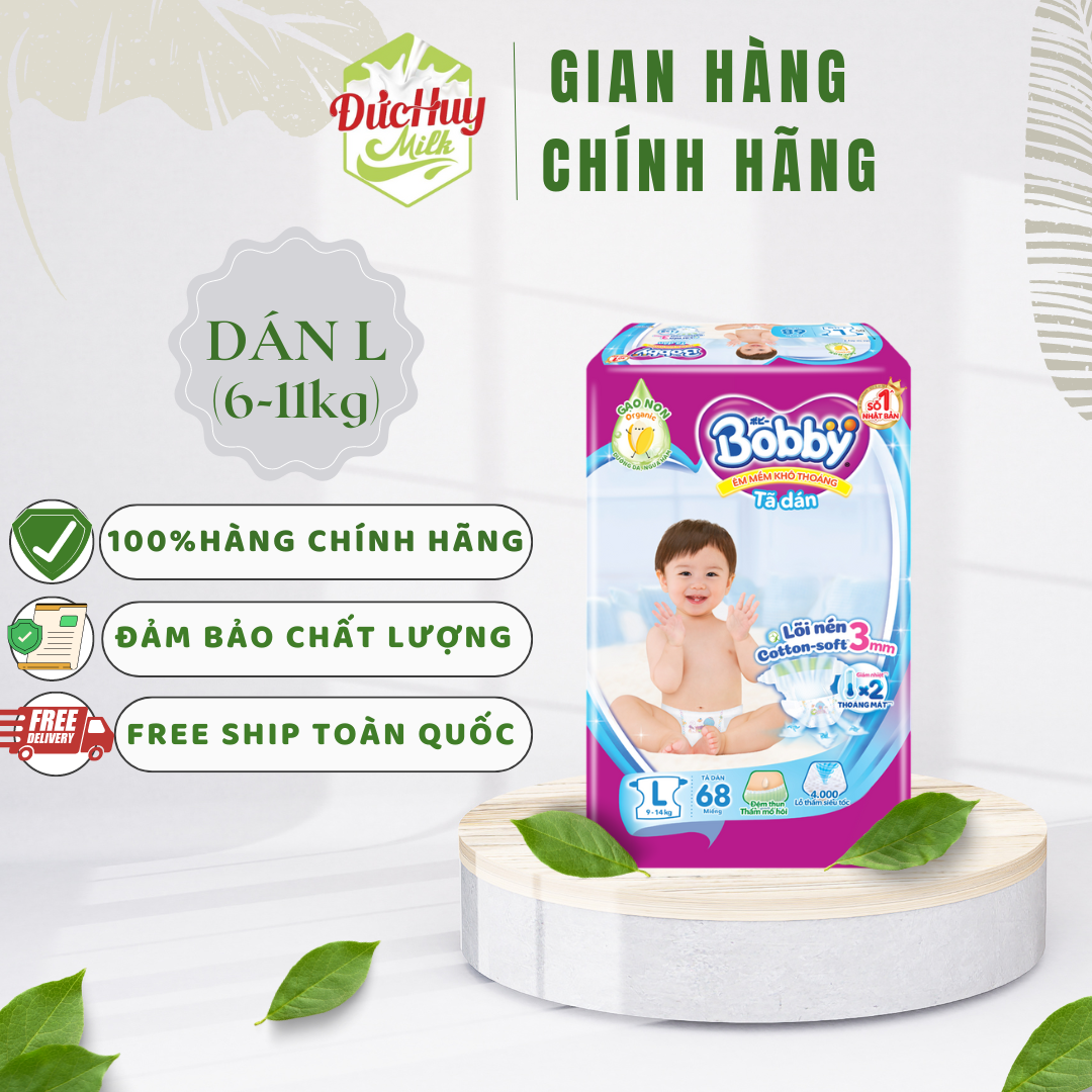 Tã dán bobby siêu thấm size l68 cho bé 9-13kg