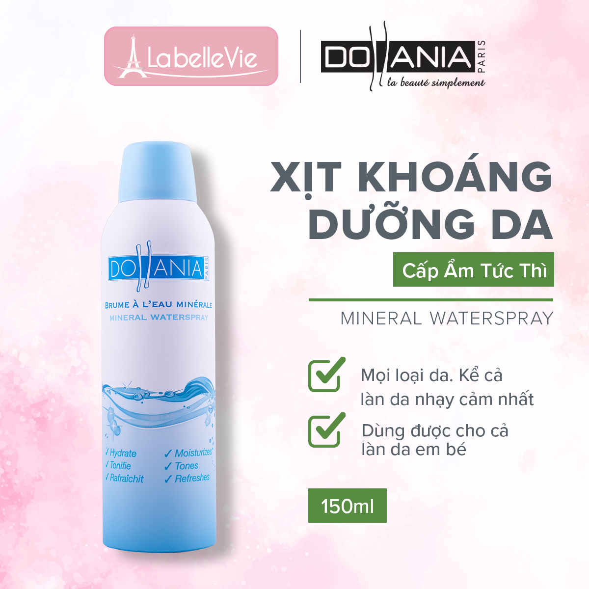 Xịt khoáng dưỡng ẩm, cấp nước, làm dịu da Dollania 150ml