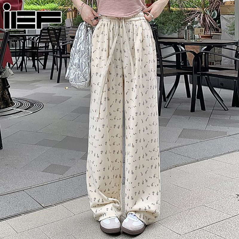 IEF Gray floral wide leg pants for women, high waist summer sweatpants for women, loose fit sweatpants for women, big size women's wide leg pants