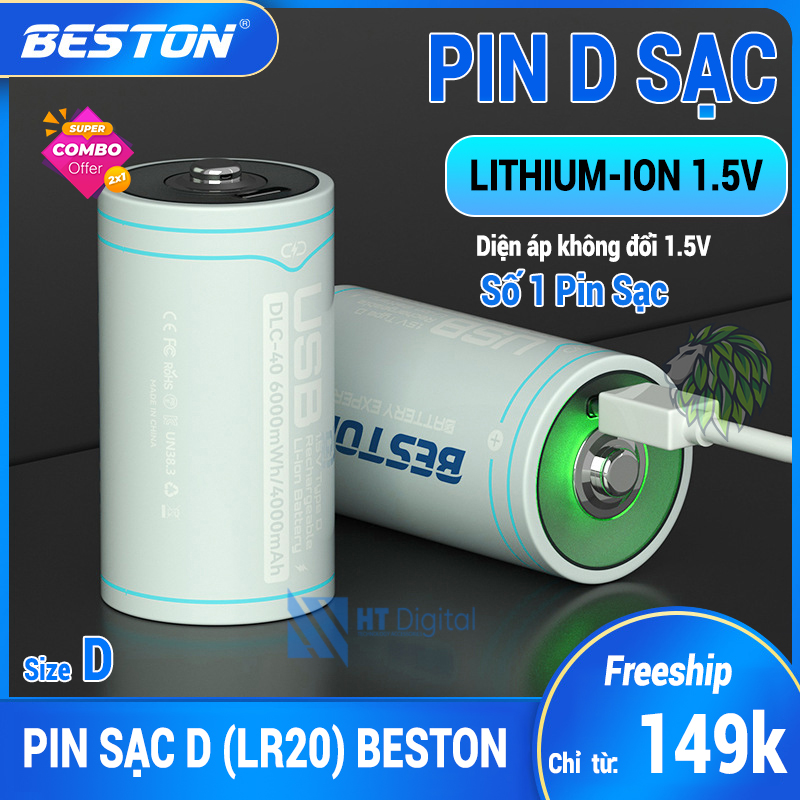 Pin đại Beston chuẩn 1.5V 6000mWh sạc lại - cổng sạc USB Type C - Pin D dùng cho đèn pin, bếp ga, thiết bị công nghiệp (Hàng chính hãng)