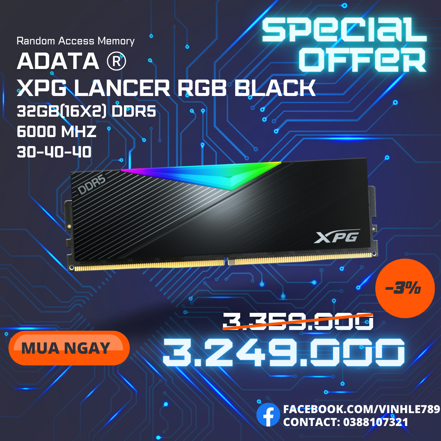 Ram ADATA LANCER DDR5 32GB16x2 6000Mhz BLACK RGB AX5U6000C3016G-DCLARBK NEW