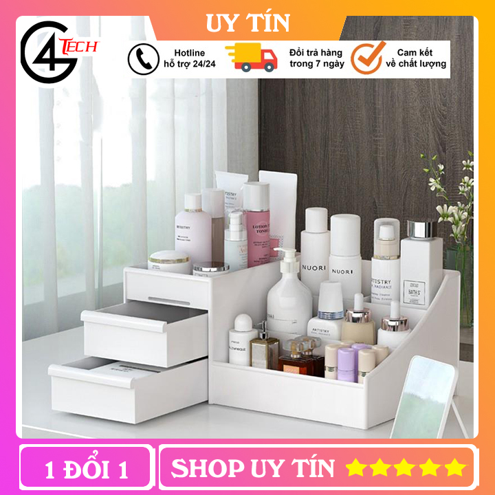 Kệ đựng mỹ phẩm, kệ đựng mỹ phẩm 3 tầng, 2 ngăn kéo, tủ đựng mỹ phẩm - Chất liệu nhựa PVC