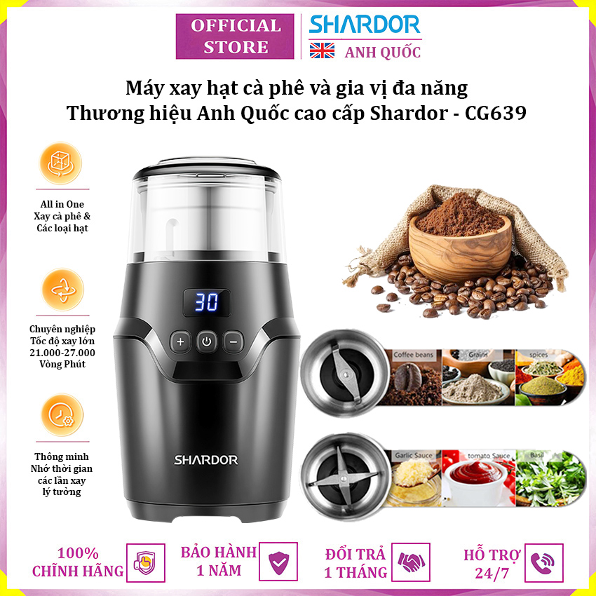 Máy xay hạt cà phê và gia vị đa năng thương hiệu Anh Quốc cao cấp Shardor CG639 công suất 150W điều chỉnh độ mịn - Bảo Hành 1 Năm