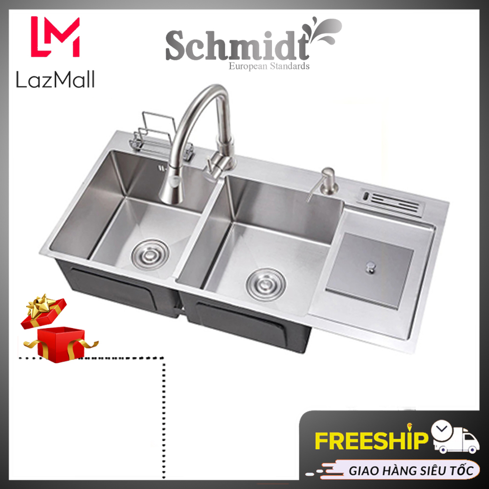 Chậu Rửa Bát Inox SUS304 Schmidt 2 Hố Cân Có Hộp Rác Tiện Lợi, Dễ Dàng Vệ Sinh, Không Bám Bẩn Có Độ Bền Cao, Chống Rỉ Sét - Hàng Chính Hãng