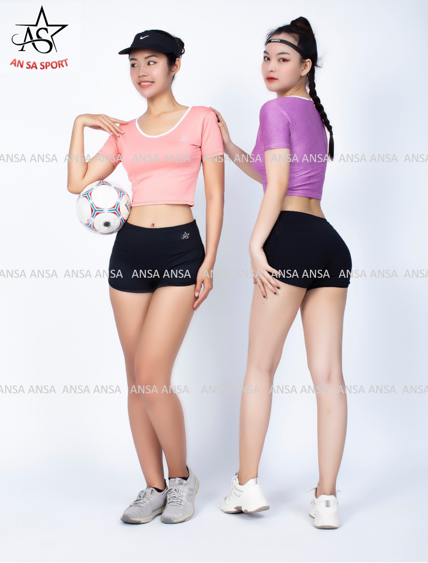 Bộ thể thao nữ quần short chữ V áo croptop  có tay- DN1