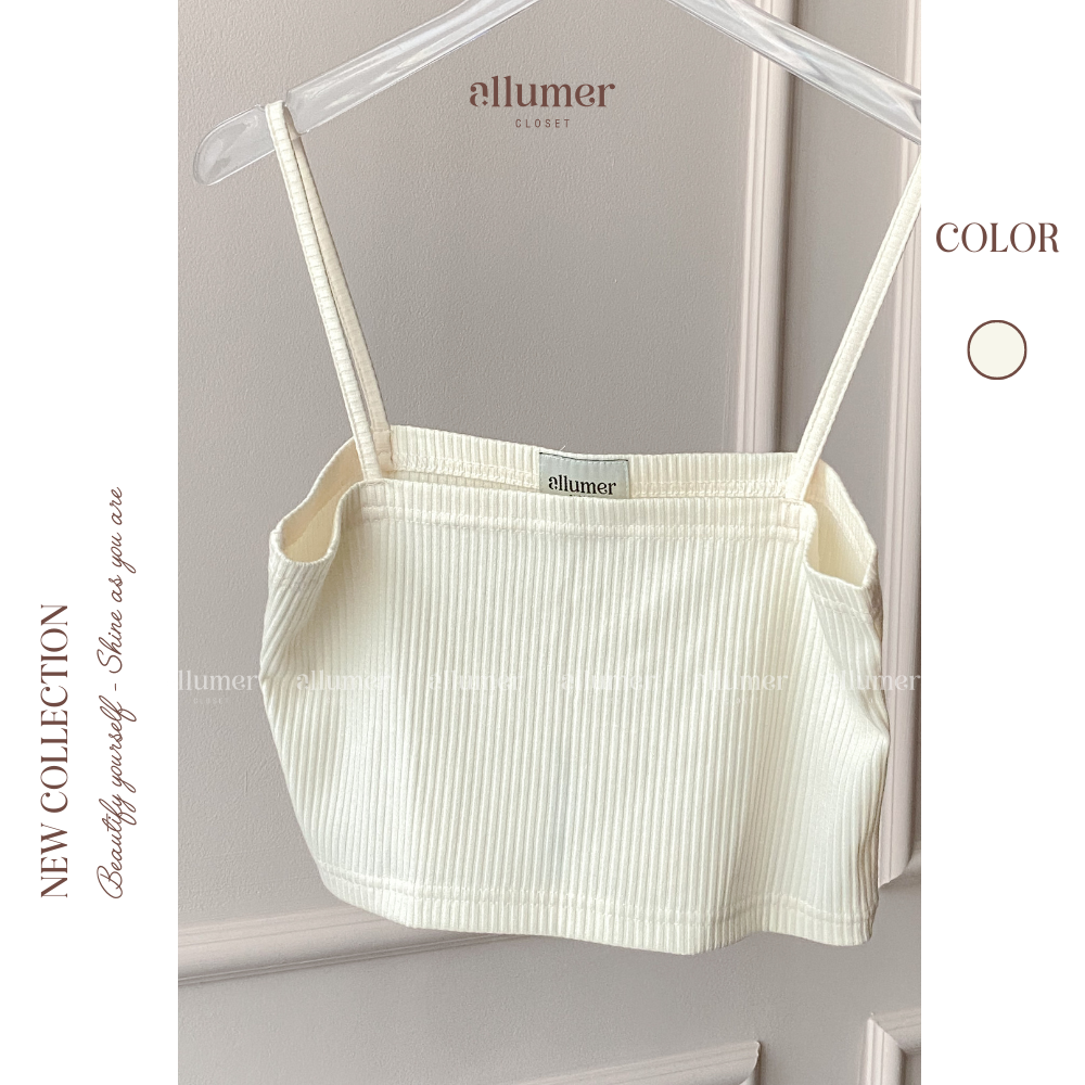 ALLUMER - Áo hai dây nữ crop-top vải thun gân màu kem