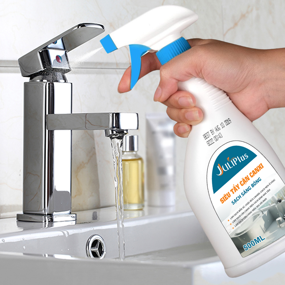 Tẩy cặn canxi inox, tẩy rửa nhà vệ sinh, vòi nước, dung dịch tẩy rửa nhà tắm Juli Plus tẩy chậu vòi sen vách kính bồn sứ gạch men siêu sạch an toàn tiện lợi. Chai 500ml