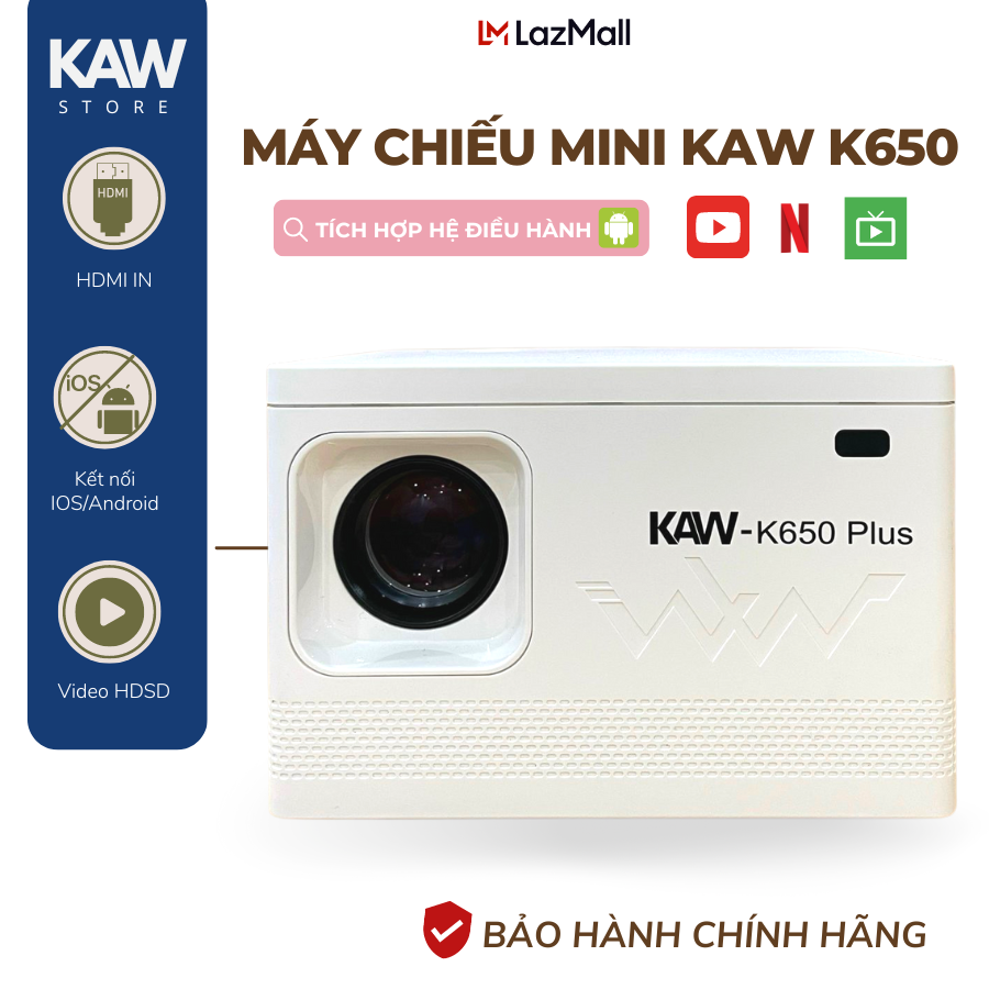 Máy chiếu mini kaw-k650 plus full hd 1080p, hệ điều hành android, có cổng hdmi kết nối điện thoại, laptop, bảo hành 12 tháng