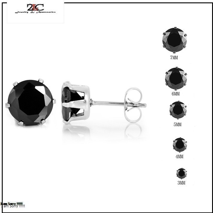 1 cặp bông tai inox khuyên nụ đá đen tròn đẹp thép không gỉ- btss03