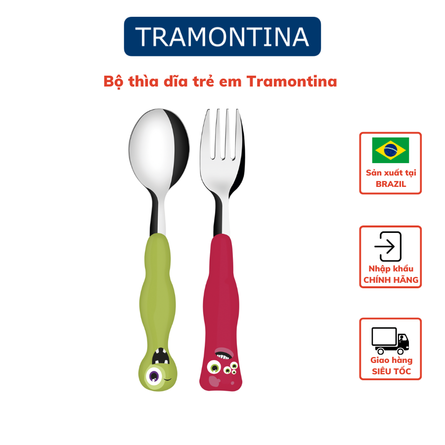 Bộ thìa dĩa trẻ em 2 món tramontina cán nhựa pa màu xanh đỏ nhập khẩu brazil.