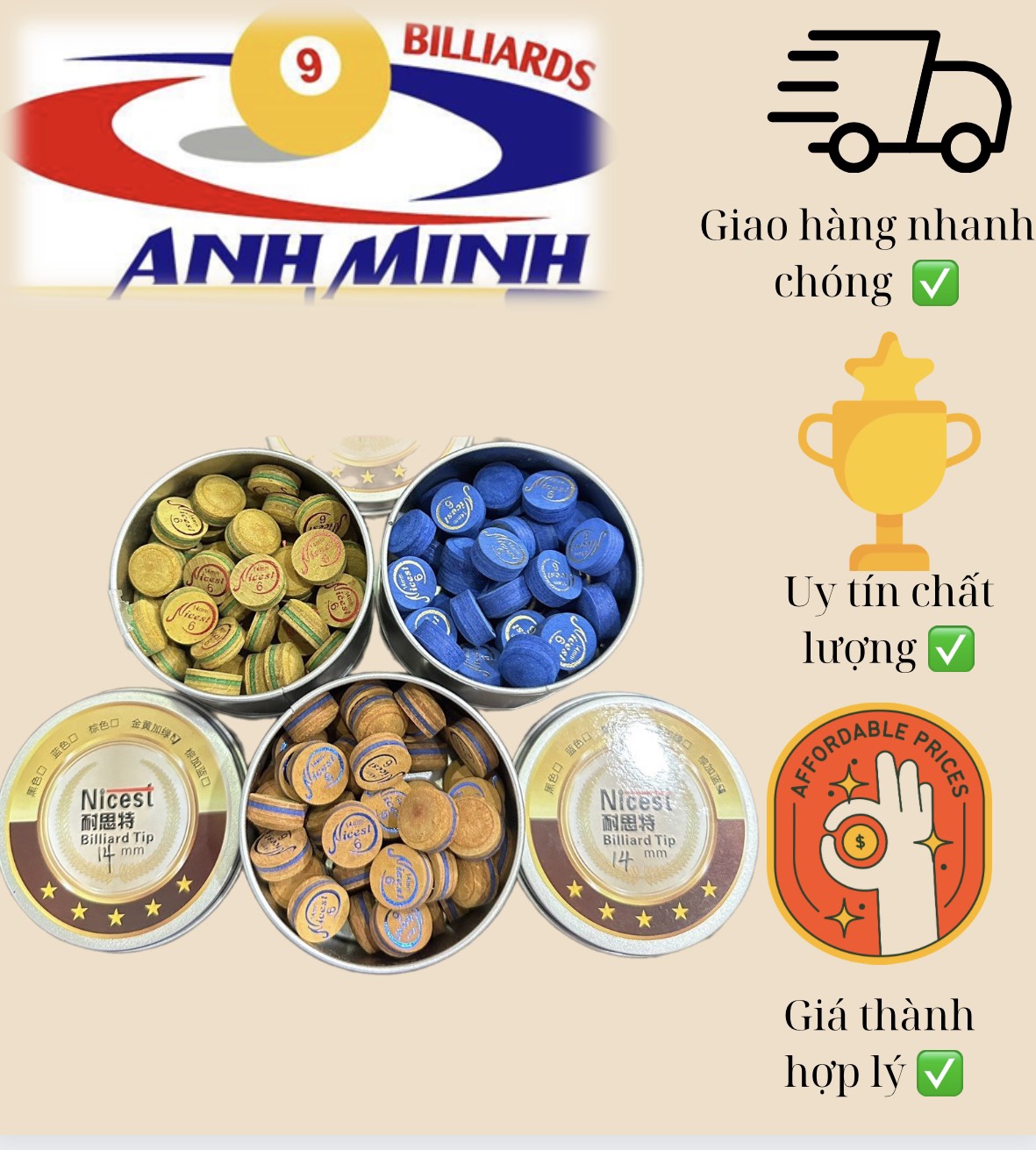 Đầu cơ bida nicest 14mm độ cứng m - giá 48k/c
