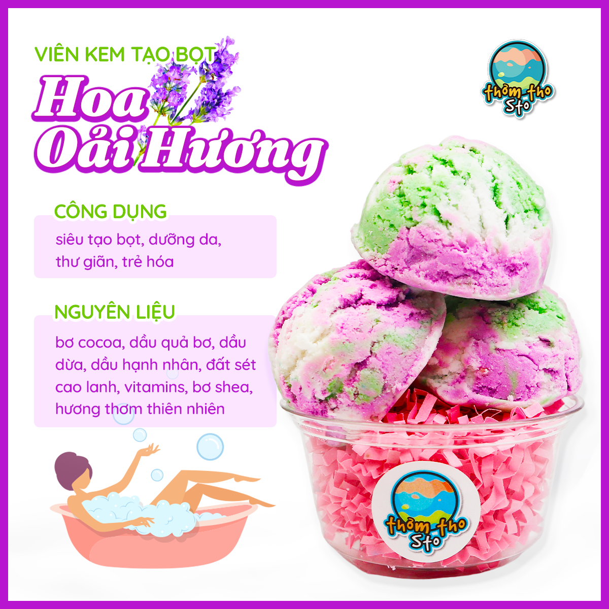 Viên kem tạo bọt bồn tắm bồng bềnh, Thơm Tho Sto,  hương HOA OẢI HƯƠNG nhiều bọt mềm da, bubble scoop, 80, 160, 240 gram