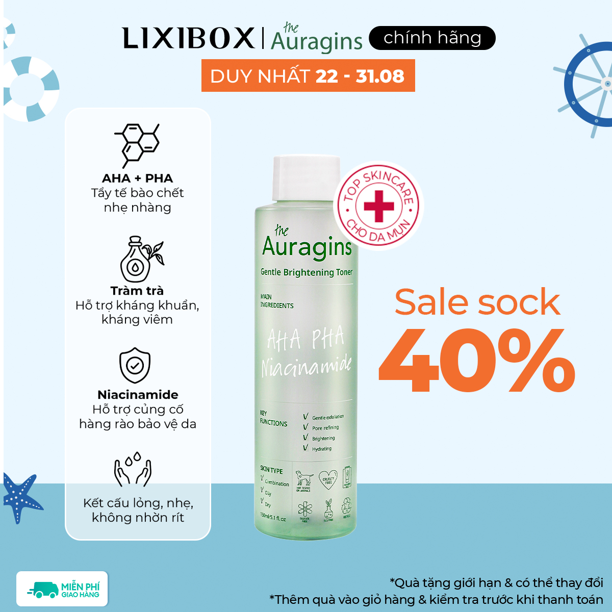 Nước Cân Bằng Sáng Da, Ngừa Mụn AHA PHA The Auragins Gentle Brightening Toner