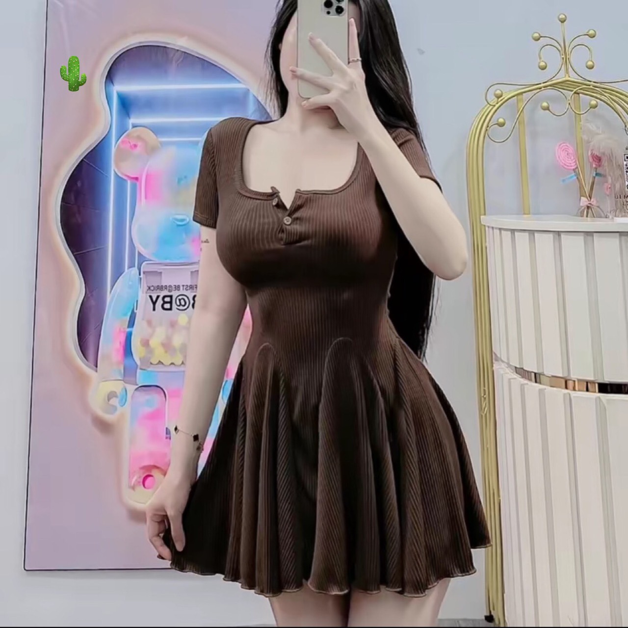 ĐẦM THUN GÂN CỔ VUÔNG TAY NGẮN ĐÍNH NÚT FORM XÒE - ĐẦM CÔNG CHÚA- ĐẦM DỰ TIỆC