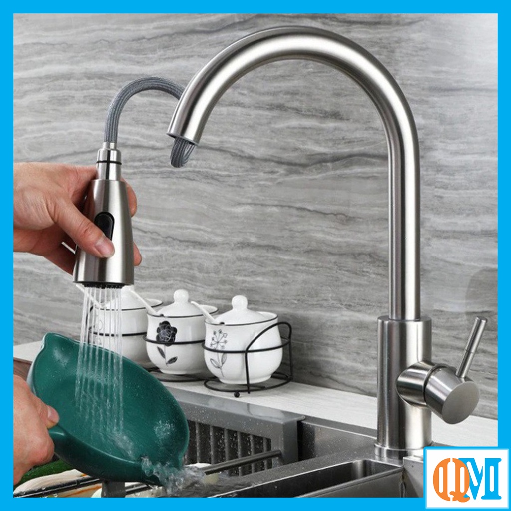 Bộ vòi rửa chén bát nóng lạnh dây kéo rút inox 304 2 chế độ nước, cần xoay 360 độ tiện dụng siêu bền