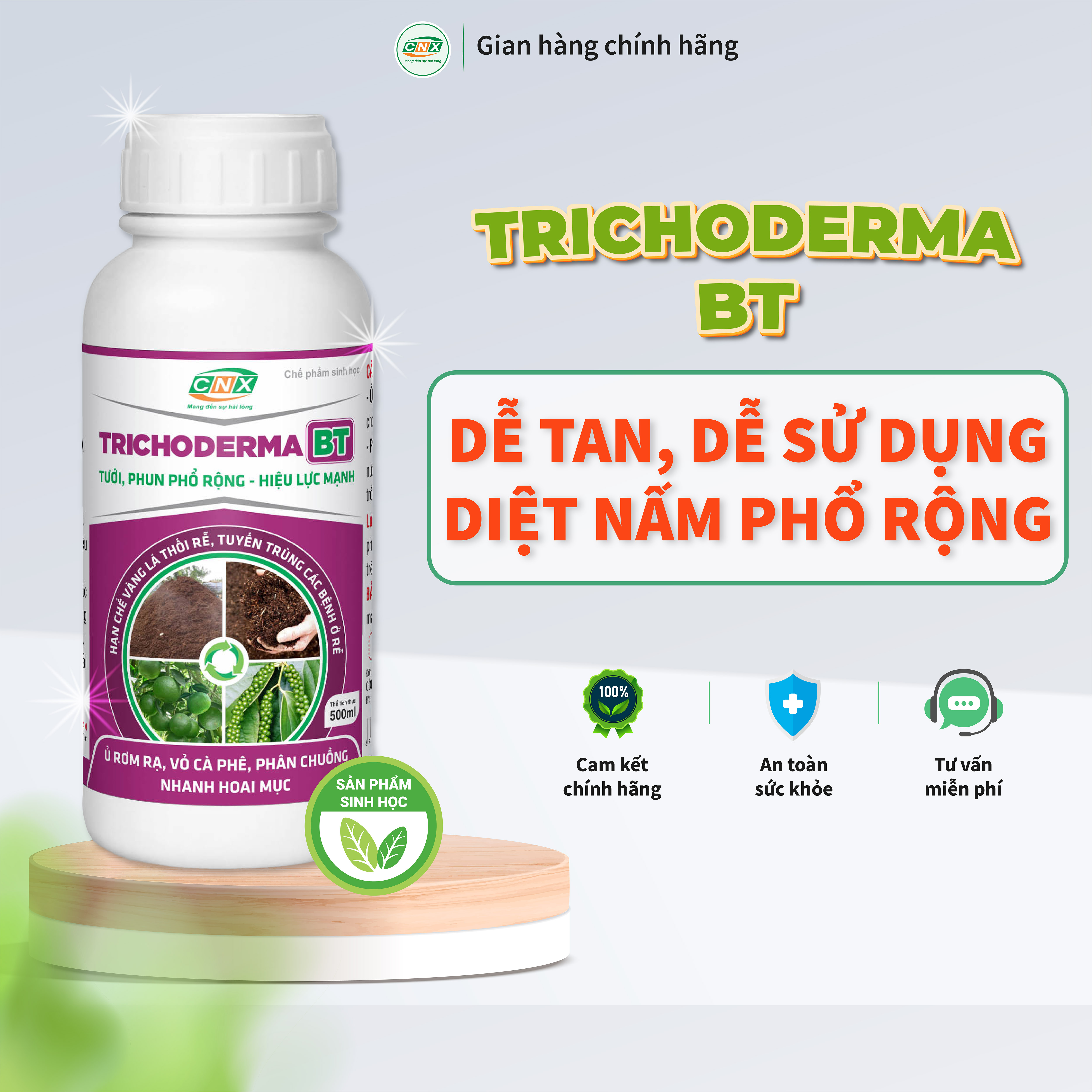 Chế phẩm sinh học trichoderma bt lỏng phục hồi vàng lá thối rễ, cải tạo đất, ủ phân chuồng, chống nghẹt rễ - cnx 500ml