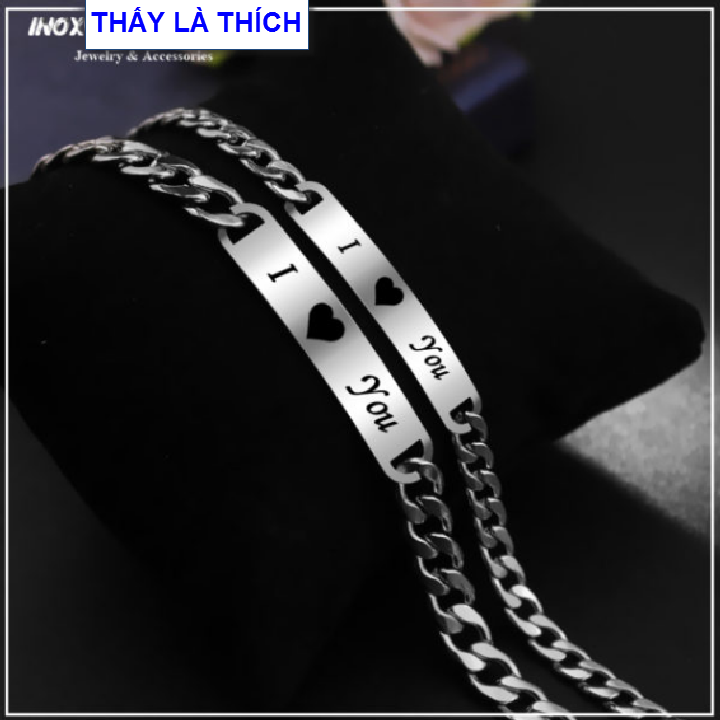 Lắc tay cặp đôi inox thấy là thích màu bạc khắc chữ I Y VK / CK - Giá bán như trên là 1 cặp như hình