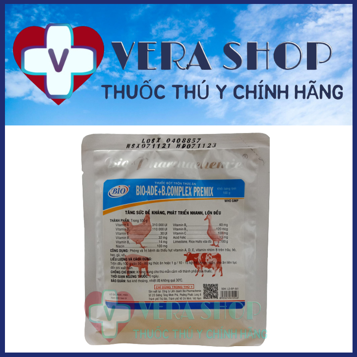 BIO ADE BCOMPLEX PREMIX 100G - Vitamin tổng hợp cho gà, kích thích tăng trọng, phát triển nhanh, lớn đều cho gà vịt, heo, trâu bò