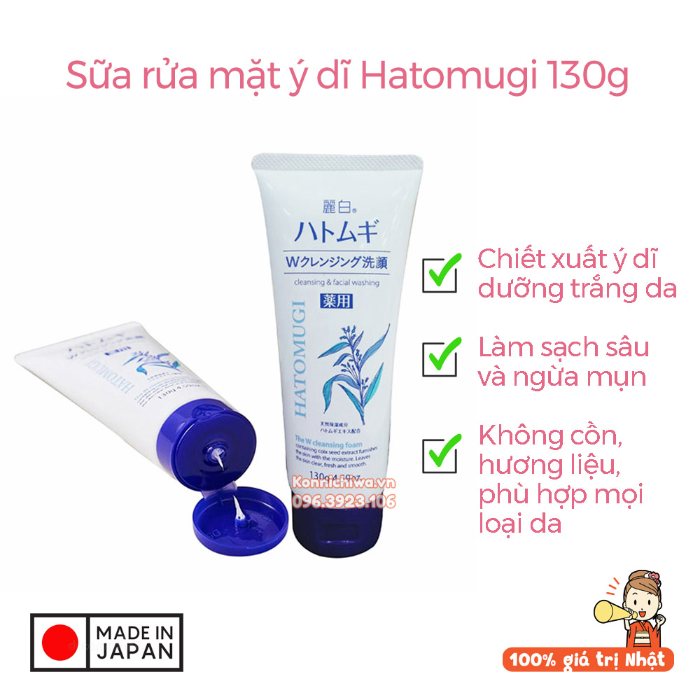 [HCM-HN] Sữa Rửa Mặt HATOMUGI Cleansing Foam Tuýp 130g | Sữa rửa mặt ý dĩ nội địa Nhật Bản giúp làm sạch, dưỡng trắng da