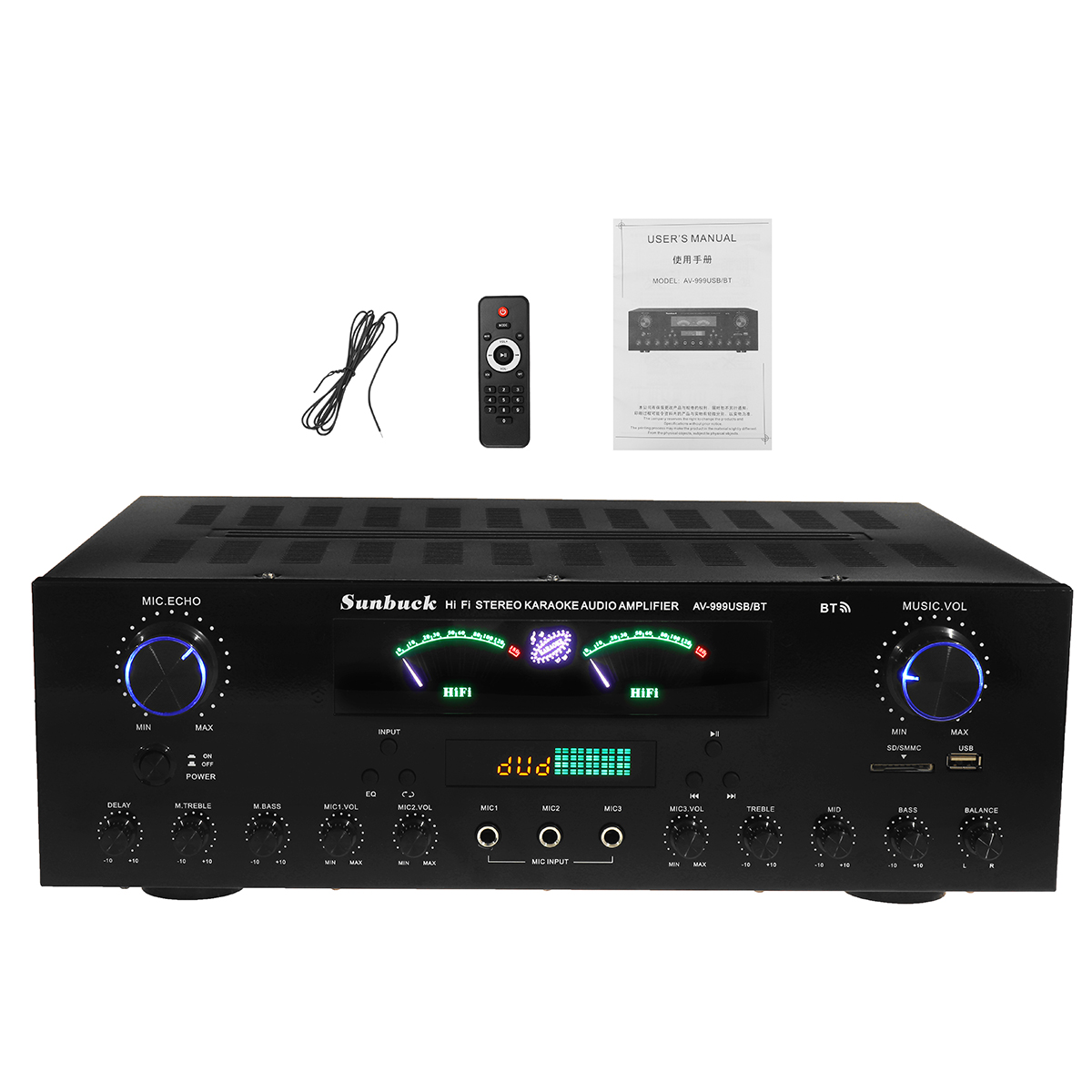 Amply karaoke bluetooth công suất 900W Sunbuck AV-999USB/BT -  Bảo hành 12 tháng - Công suất cao, 7 kênh, bộ khuếch đại công suất màn hình hiển thị kép hifi AV amp loa hỗ trợ 3 mic FM AUX USB SD điều khiển