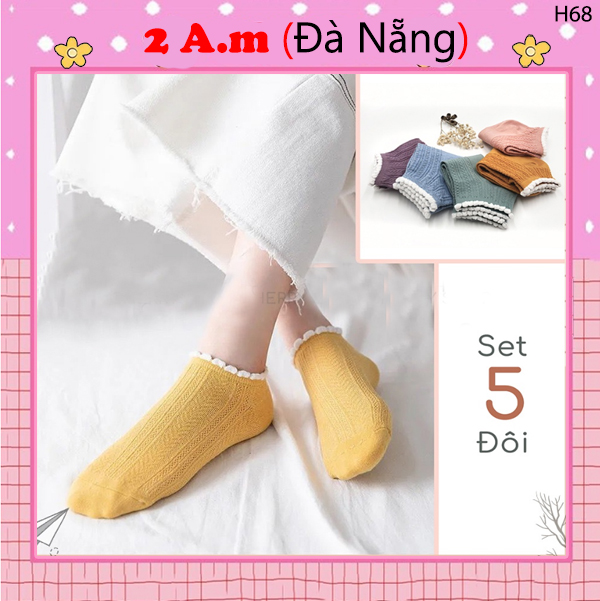 Tất Vớ Cổ Ngắn Nữ Nhiều Màu Cổ Ren Trơn Thời Trang Đẹp Vải Cotton