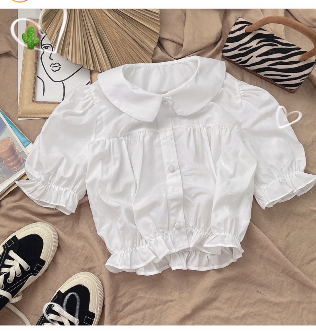 Áo sơ mi tay ngắn cổ bèo tay bồng thời trang bo eo croptop pc