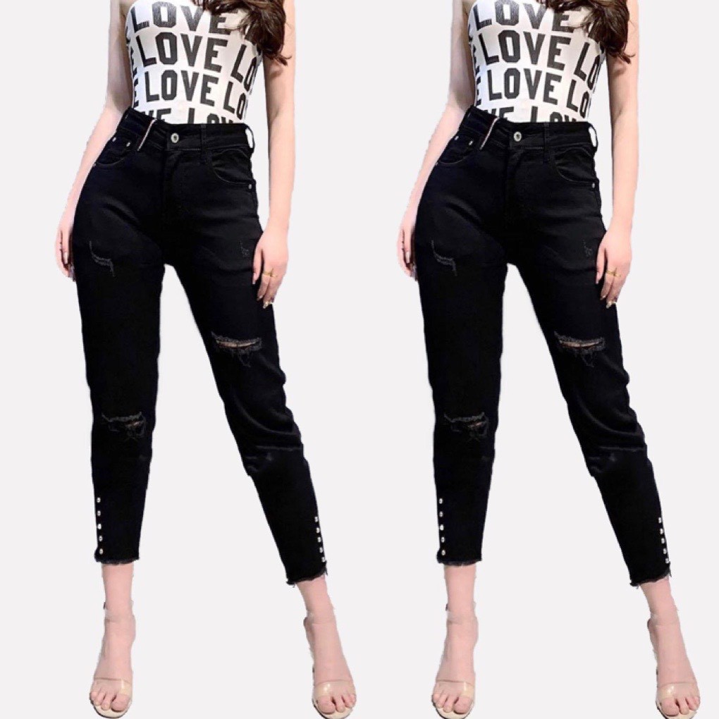[HCM]Quần jean dài 9 tấc màu đen tuyền đính đá 2 bên gấu quần dành cho Big size 60KG đến 90kg 2725
