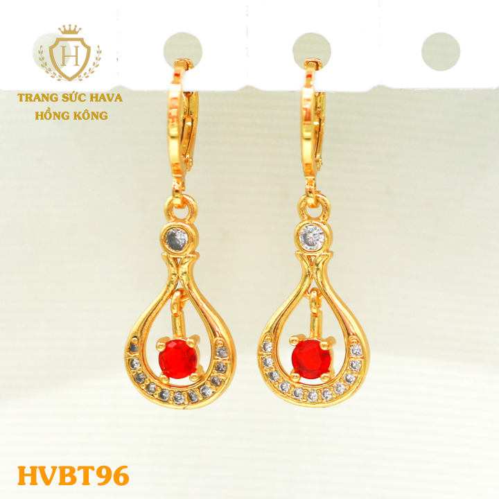 Bông Tai, Khuyên Tai, Hoa Tai Nữ Đính Đá Đỏ Dáng Dài, Titan Xi Mạ Vàng Thật 10k, 18k, 24k Cao Cấp (Không Bị Đen) - Trang Sức Hava Hong Kong Phong Cách Thời Trang