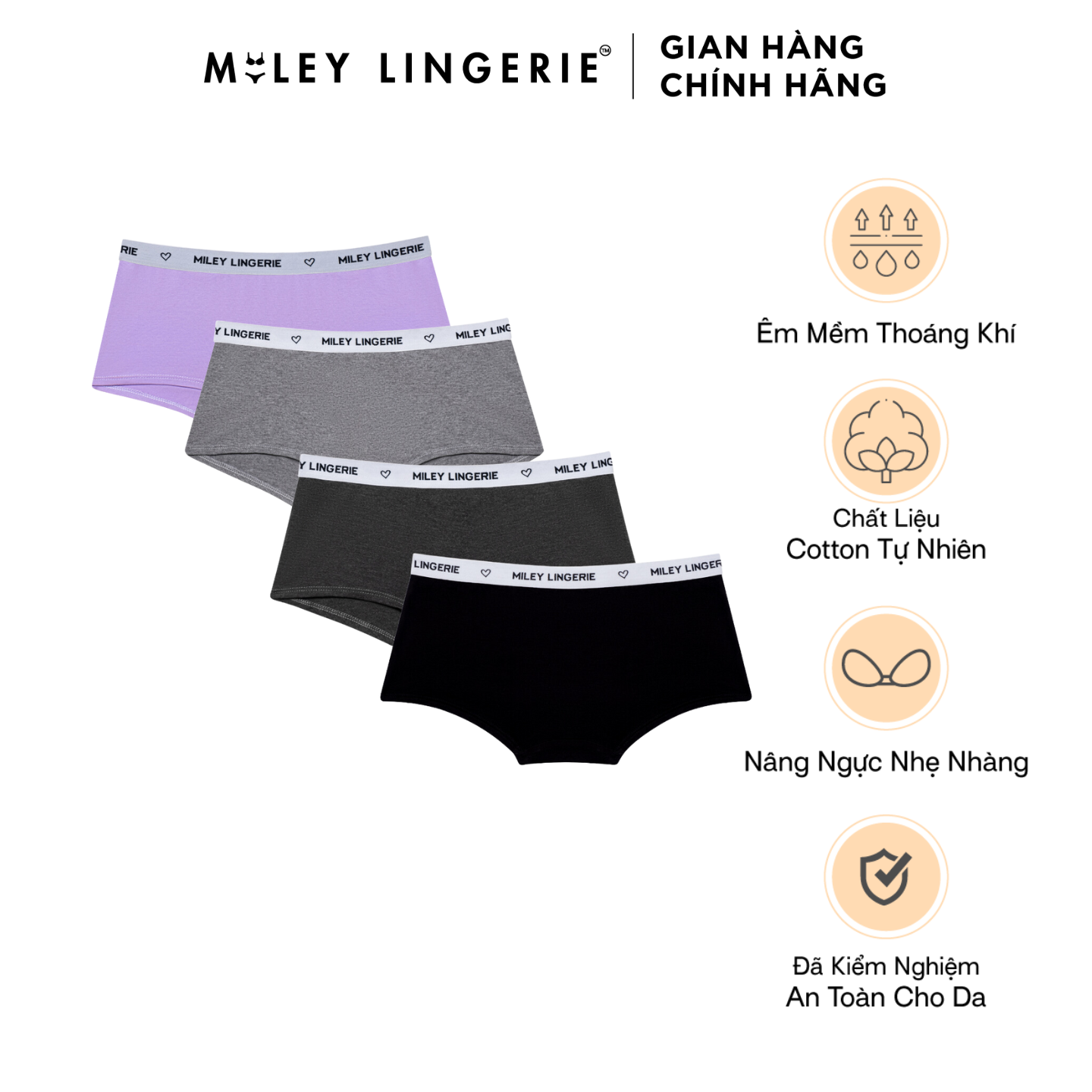 Combo 4 Quần Vải Cotton Tự Nhiên Viền Lưng Logo BeingMe Miley Lingerie