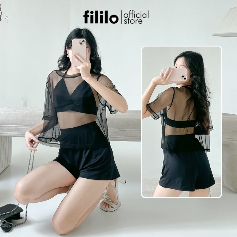 Set Đồ Bơi 3 Món Áo Lưới Croptop FILILO có Bigsize Bikini 3 Mảnh Đi Biển Đen