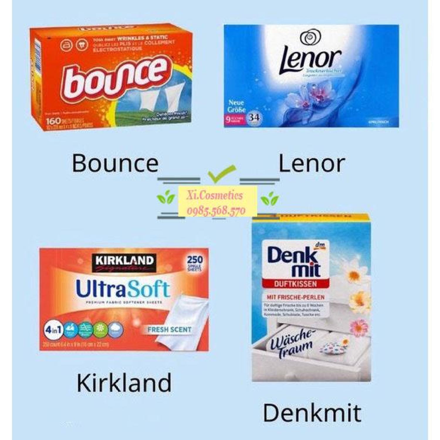 Giấy thơm quần áo denkmit / lenor / bounce / kirkland dùng cho máy sấy, giấy thơm quần áo