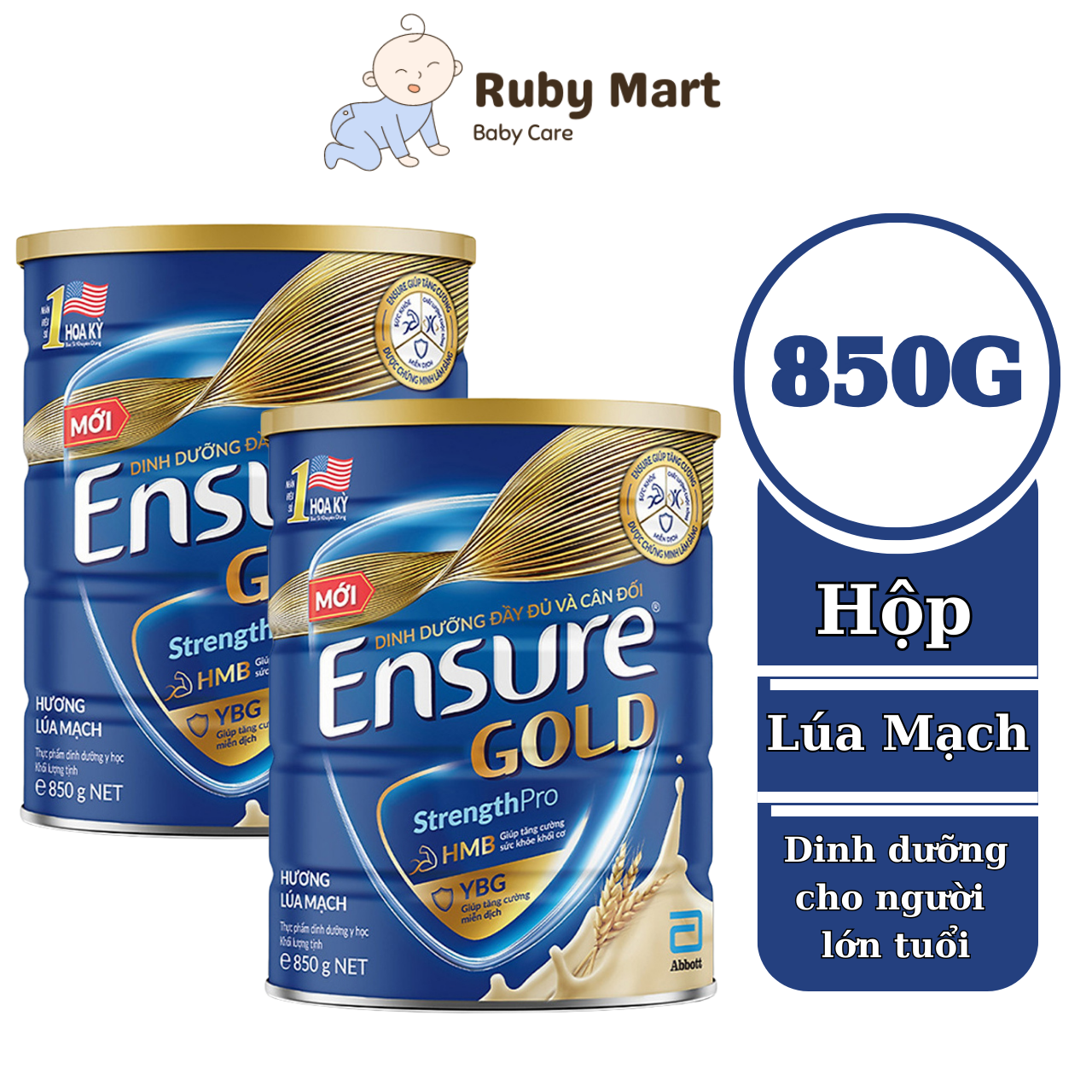 [ Date T5/25] Combo 2 lon Sữa bột Ensure Gold Abbott (HMB+YBG) hương Lúa mạch 850g