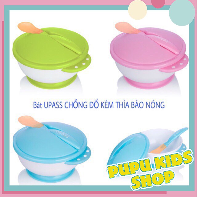 Bát chống đổ upass thái lan kèm thìa báo nóng ăn dặm cho bé pupu kids shop