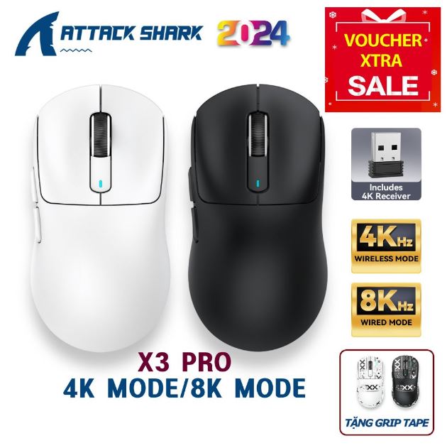 Chuột máy tính Ultralight Attack Shark X3 / X3 PRO (4K/8K) PAW3395 Không dây Tặng Grip Tape, Cảm Biến Cao Cấp