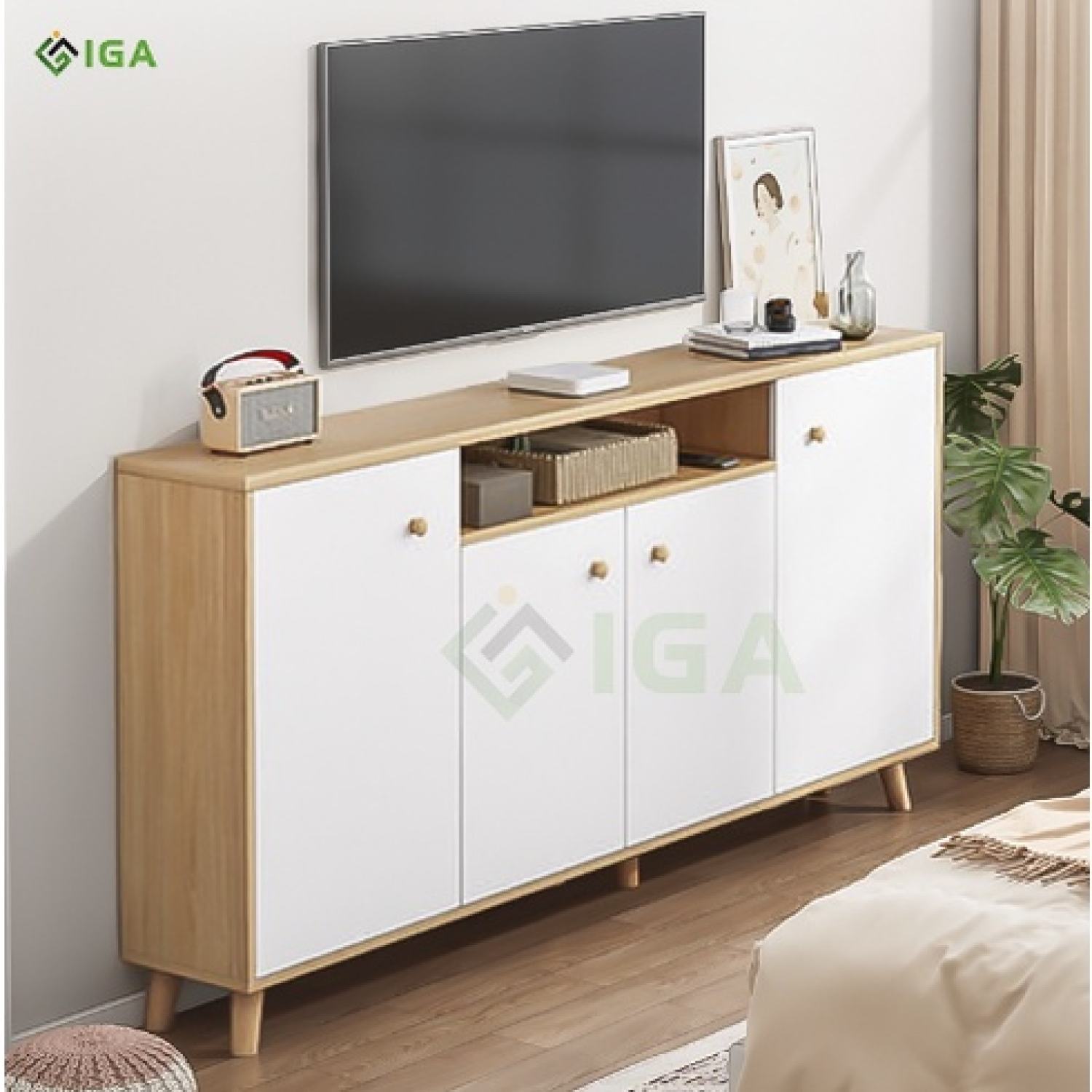 Tủ kệ tivi 4 ngăn vân gỗ trắng tủ để đồ đa năng IGA - GP219