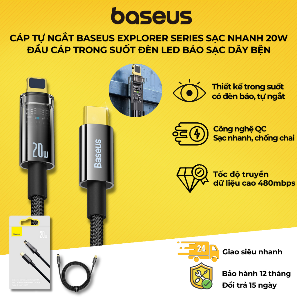 Cáp Sạc nhanh Tự Ngắt Gen2 Baseus Explorer Series cho iPhone/ iPad