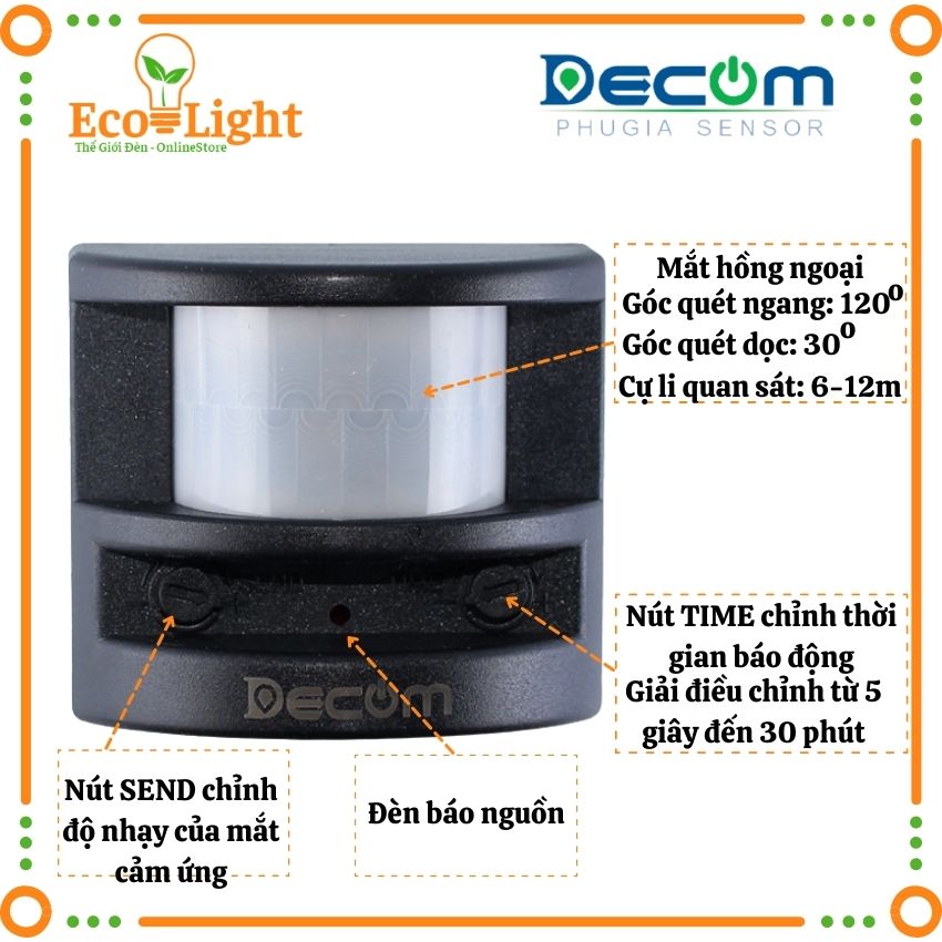 [Bảo hành 12 tháng + Quà 15K] Thiết bị báo động hồng ngoại chống trộm có còi hú ( 6 âm thanh) Decom Ecolight DC-113A Tặng bóng 3W