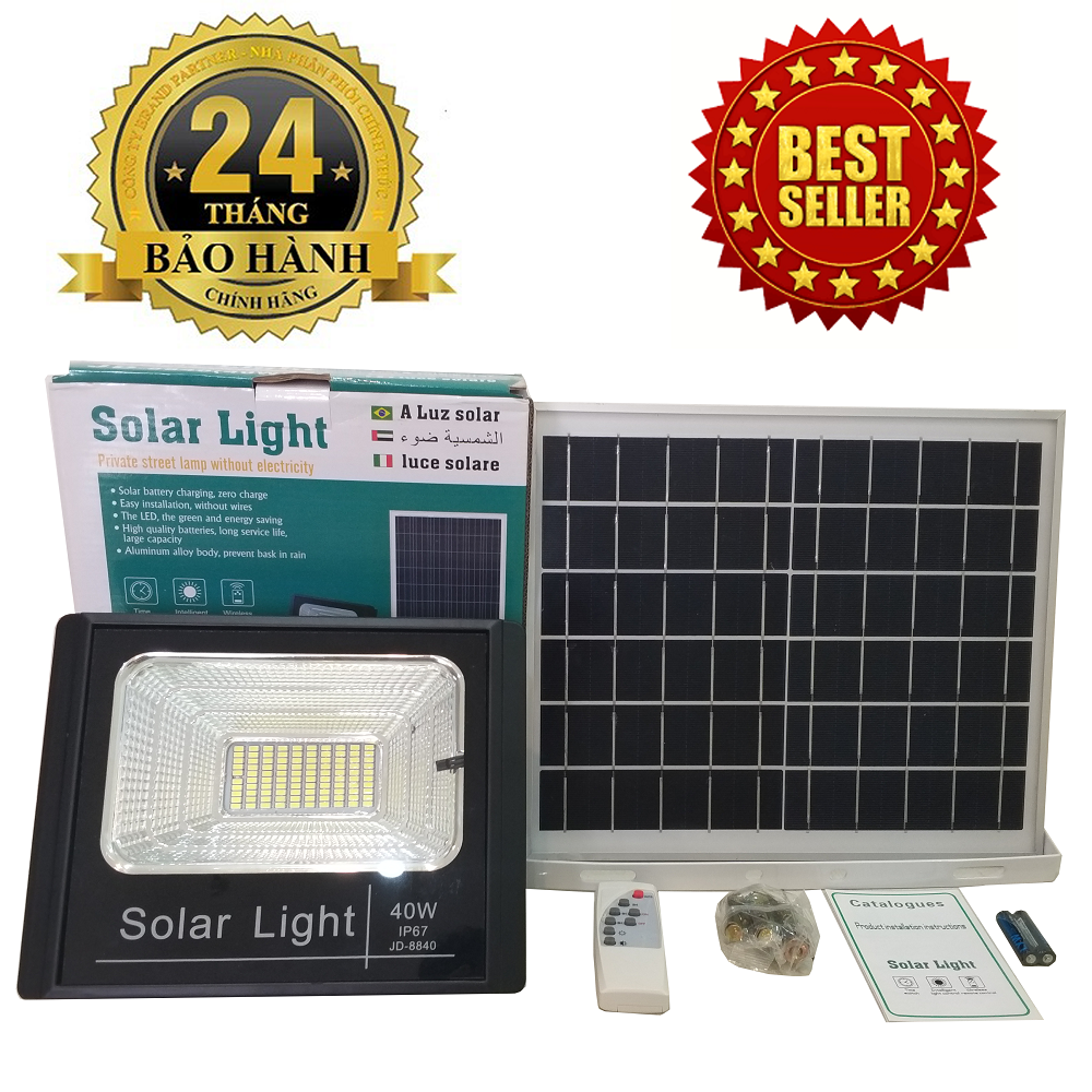 ĐÈN NĂNG LƯỢNG MẶT TRỜI SOLAR LIGHT JD-8840 công suất 40W công nghệ IP67 chống nước, Pin 12800mah, chế độ bật tắt tự động, có điều khiển từ xa