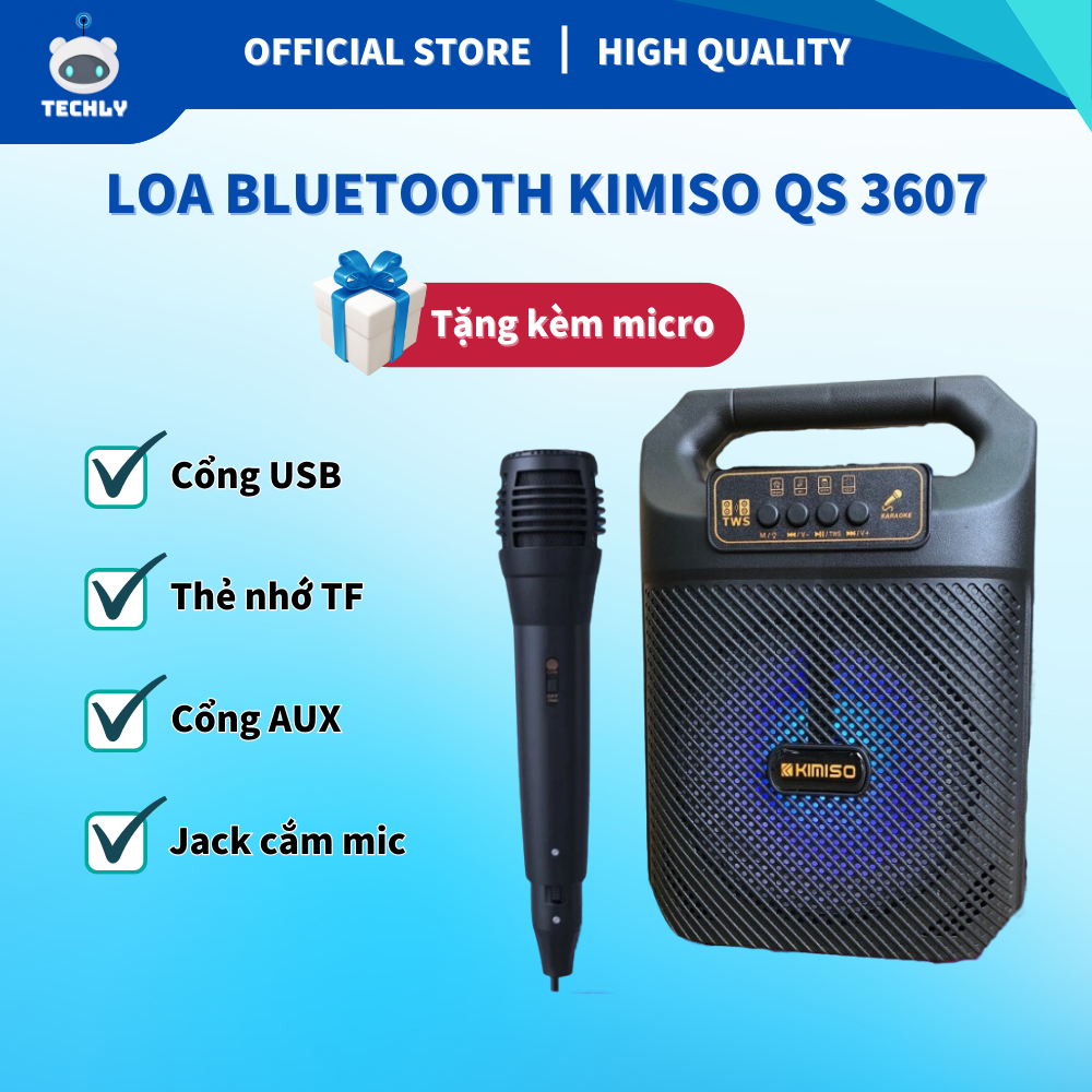 Loa Bluetooth Karaoke Kimiso QS 3607 - Loa Bluetooth Xách Tay - Loa Mini Hát Karaoke Hay Nhất, Đèn Led Nhấp Nháy Theo Nhạc, Loa bluetooth xách tay hát karaoke có mic đi kèm