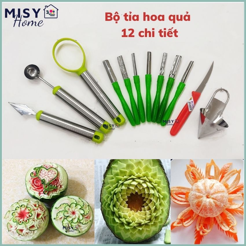 Bộ dao tỉa hoa quả chuyên nghiệp 12 chi tiết MISY HOME dụng cụ khắc tỉa rau củ múc hoa quả trái cây nhiều chi tiết inox cao cấp Misy Home