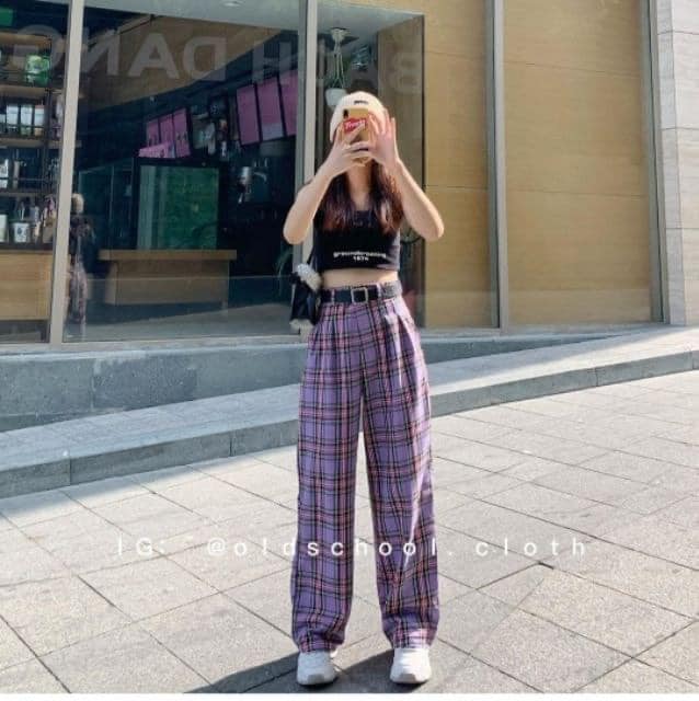 ( ẢNH THẬT) QUẦN VẢI ỐNG RỘNG KẺ CARO MÀU TÍM CẠP CAO THỜI TRANG NỮ CỰC CHẤT, PHUONGMART