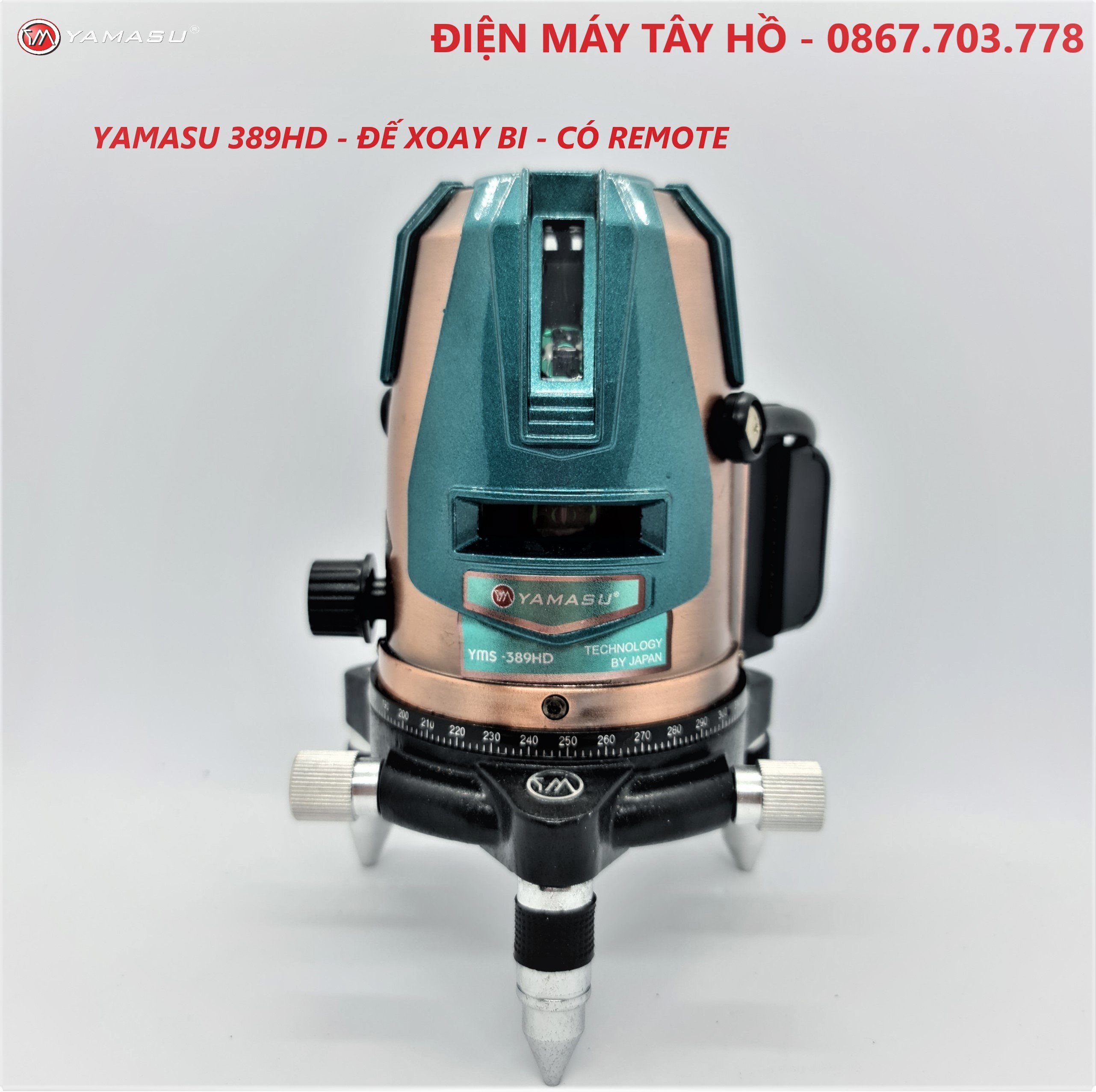 (Có VIDEO) Máy cân bằng laser 5 tia xanh YAMASU 389HD, đế BI chống kẹt, có điều khiển remote