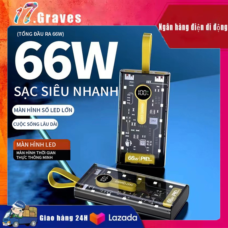 Sạc Dự Phòng 20000 mAh, 66W siêu sạc nhanh, công suất lớn bền di động điện thoại di động,Tích hợp 2 cổng sạc đầu ra và màn hình Led hiển thị pin