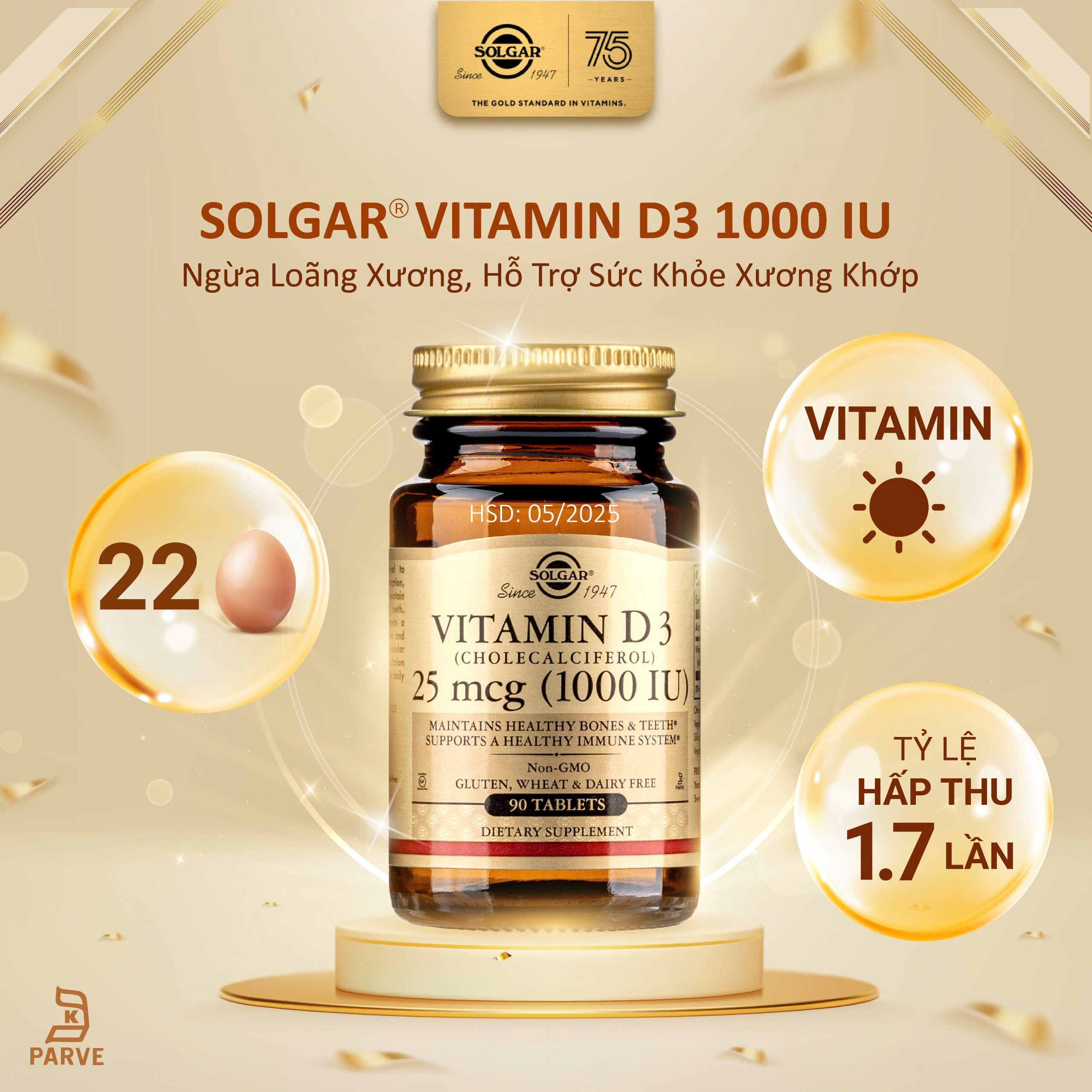 Viên Uống Solgar Vitamin D3 1000 IU - Ngừa Loãng Xương, Hỗ Trợ Sức Khỏe Xương Khớp [Lọ 90 Viên- HSD: 08/2024]