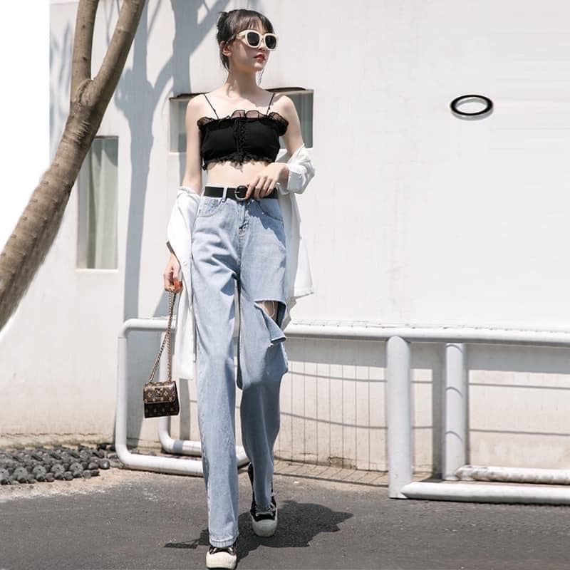 ( ẢNH THẬT) QUẦN JEAN ỐNG RỘNG CẠP CAO DÁNG DÀI RÁCH 1 BÊN MỚI THỜI TRANG HÀN QUỐC, AMELIA